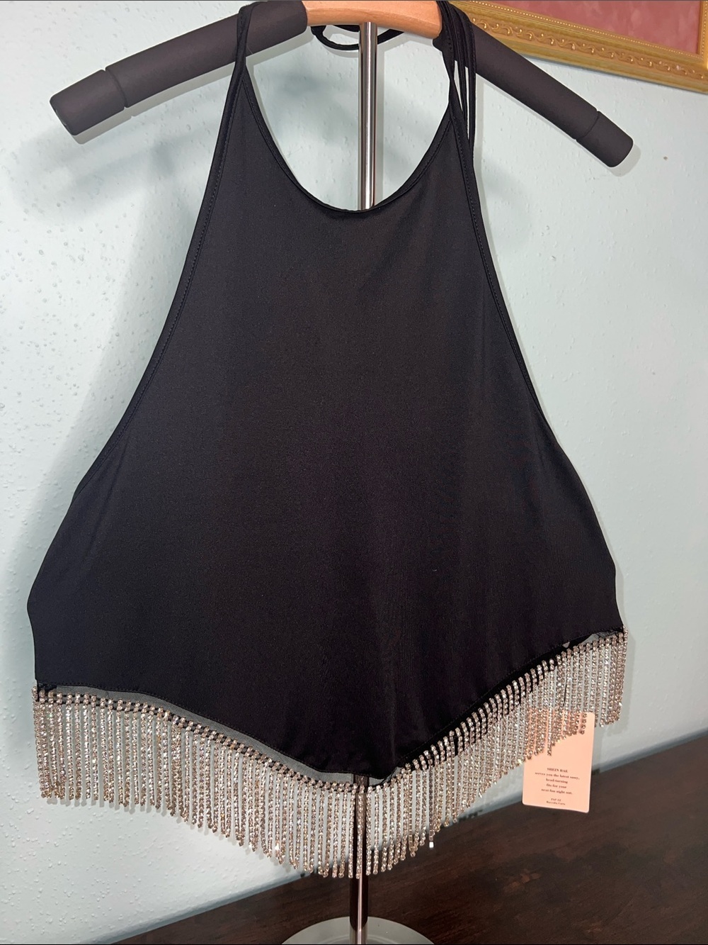 SHEIN Black Halter Top with Silver Beaded Fringe